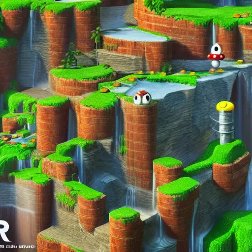 Prompt: an amazing landscape from the world of super mario 4 k, vray,