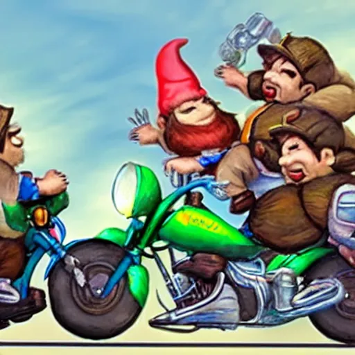 Image similar to drunken gnomes on a motorcycle flee from a police chase