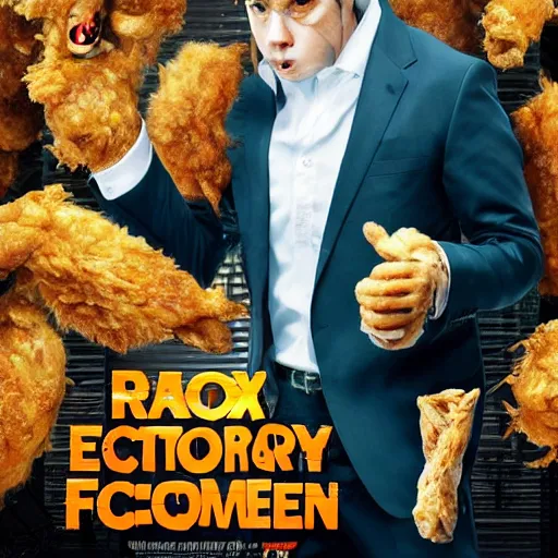 Prompt: hdr quality poster for an action movie fearing cool looking anthropomorphic male fox in suit, stealing lots of fried chicken, promotional media