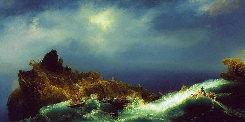 Prompt: Lake with big sea monster vivid colorful imaginative nature beautiful artwork detailed painting by Ivan Aivazovsky