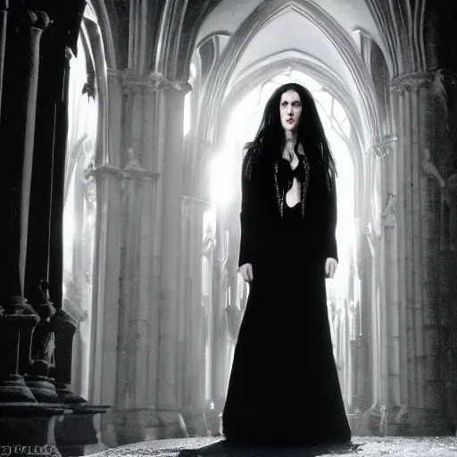 Prompt: jennifer connelly as a vampire showing her fangs in a gloomy gothic cathedral at night