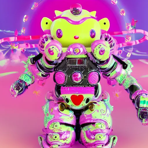 Image similar to a detailed 3 d render of a demonic japanese oni hellokitty mecha robot alien god wearing a raver outfit by lisa frank and cicely mary barker, taiyo matsumoto, myst, beeple, cgsociety, crisp, low angle shot