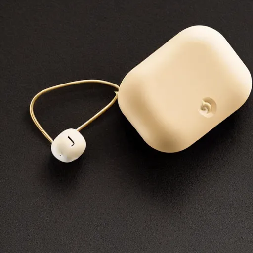 Image similar to a single beige truly wireless earbud with gold accents, beige case, studio, product photo