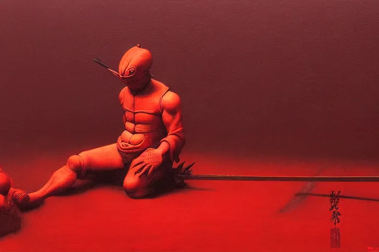 Image similar to only with red, a red samurai do seppuku, tokio, a lot of frogs watch, in the style of beksinski, parts by edward hopper, parts by rodcenko, parts by yue minjun, intricate and epic composition, red by caravaggio, insanely quality, highly detailed, masterpiece, red light, artstation, 4 k