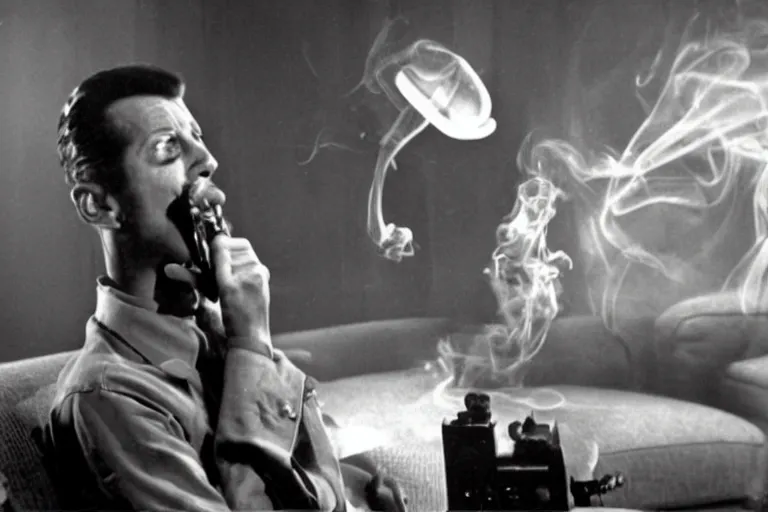 Prompt: a subgenius with smoking pipe is shocked and sees an alien on his television in his living room. sparks and smoke come out of the television. film still from 1 9 5 0 s sci - fi