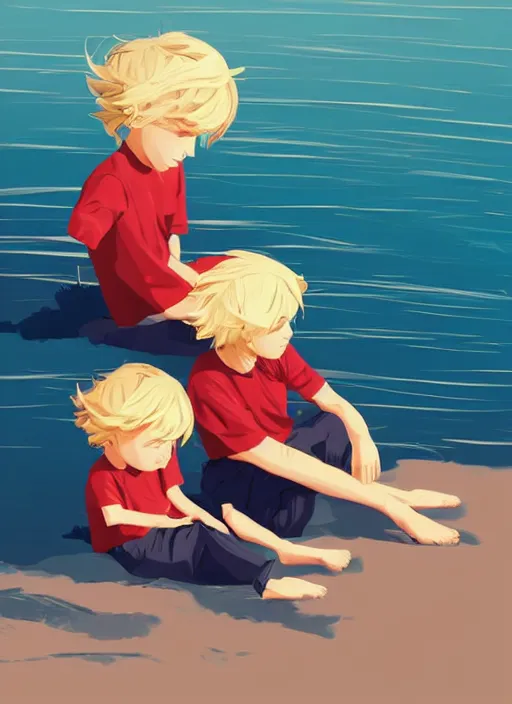 Image similar to two little boys with tousled blonde hair sitting on a beach. clean cel shaded vector art. shutterstock. behance hd by lois van baarle, artgerm, helen huang, by makoto shinkai and ilya kuvshinov, rossdraws, illustration, art by ilya kuvshinov