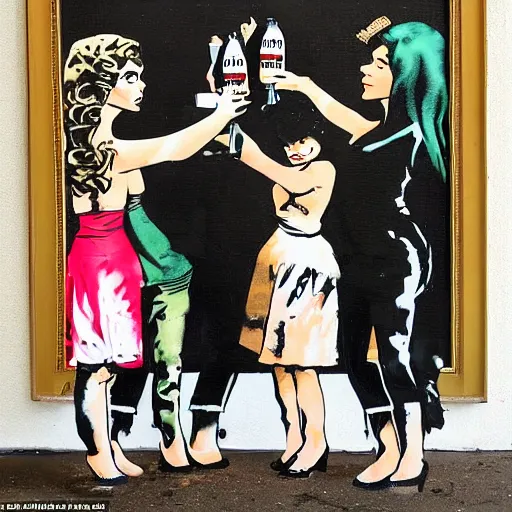 Image similar to multiple beautiful women looking at banksy of 2 apes holding champaign bottles, money falling from the sky