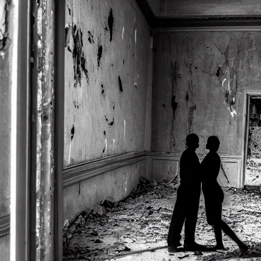 Image similar to a dark photo of two shadowy figures hugging each other in a birdcage in an abandoned hall, paint is falling off, black and white, 5 0 mm