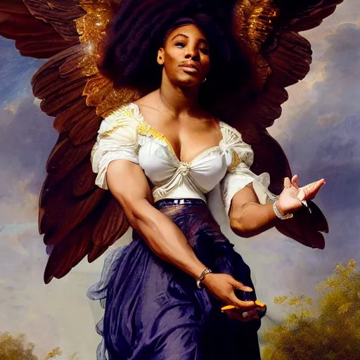 Image similar to Portrait of Serena Williams with wings as Nike Goddess standing proud, large wings, luxuriant, dreamy, eternity, romantic, strong pose, highly detailed, in the style of Franz Xaver Winterhalter, highly detailed, in the style of Aetherpunk