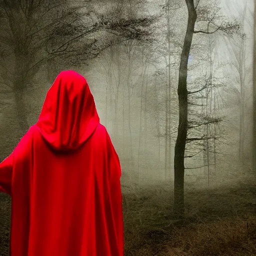 Image similar to a high detailed photo of a lady in a red cloak, seen from behind, ancient forest, mist, 35mm, photorealistic, realistic, deviantart, gloomy atmosphere, high definition