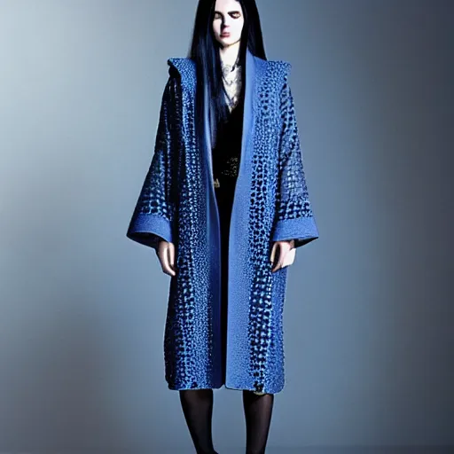 Image similar to fashion 2 0 5 0 fantastic openwork long coat with intricate pattern on a beautiful symmetrical girl with blue hair, hyper realistic photos