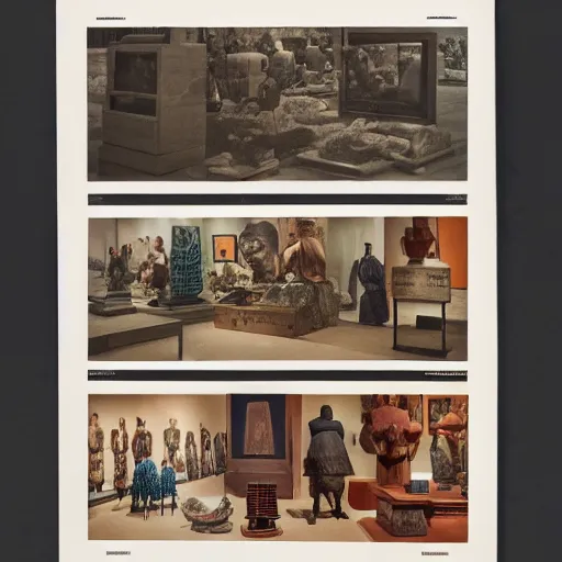 Image similar to A three color offset photography of objects on display, anthropology of wonder, exotic artifacts, colonial expedition, catalog exhibition, 60s style