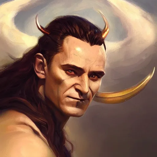 Image similar to a beautiful artwork side profile portrait of a loki with horns by greg rutkowski , featured on artstation, norse mythology, valhalla