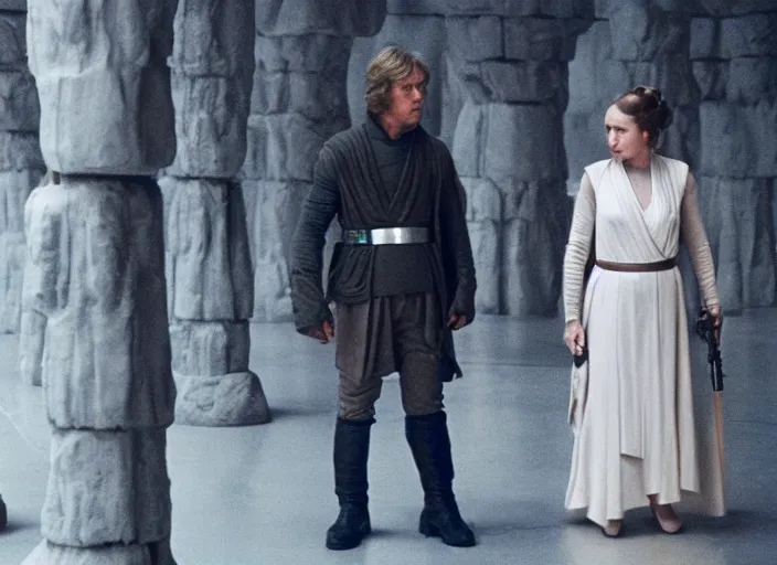 Image similar to Luke Skywalker teaches Leia in outfit at Jedi Temple scene from the last jedi, 2022, film by Stanley Kubrick, serene, iconic scene, stunning cinematography, hyper detailed, sharp, anamorphic lenses, kodak color film