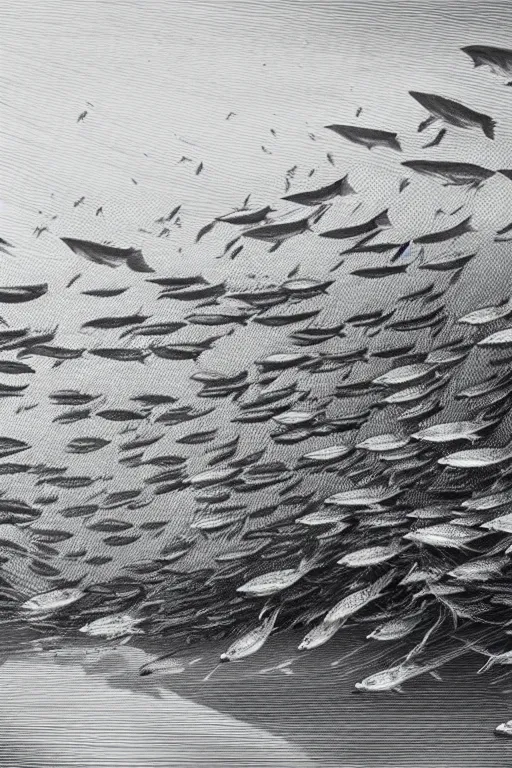 Image similar to a beautiful engraving on paper of a school of mackerel, 8 k, frostbite 3 engine, cryengine, dof, trending on artstation, digital art, crepuscular ray