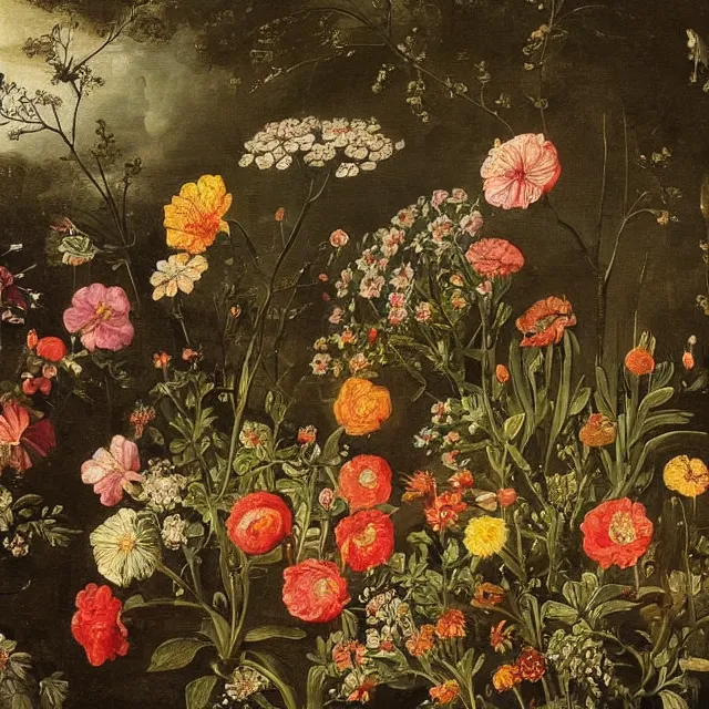 Image similar to a painting of flowers in a garden at night, a flemish baroque by jan van kessel the younger, intricate high detail masterpiece