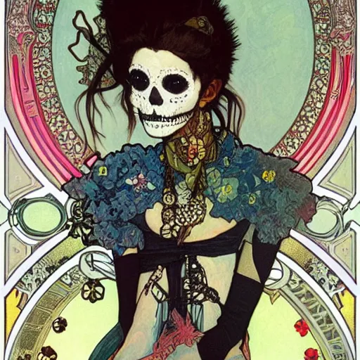 Image similar to cute punk Día de los Muertos girl by Alphonse Mucha Egon Schiele Ayami Kojima Amano Charlie Bowater, photography by Mario Testino, masterpiece