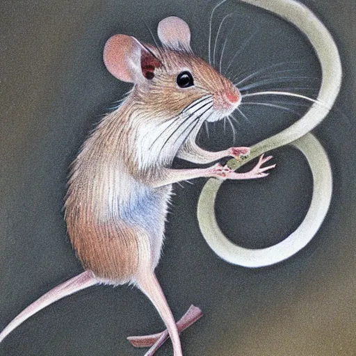 Prompt: field mouse with a spiral tail, by cecily mary barker