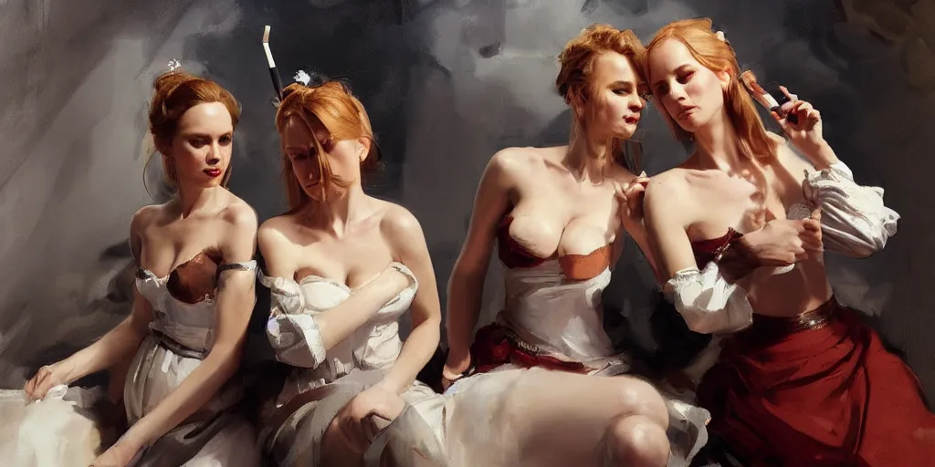 Prompt: portrait of two beautiful gorgeous captivating finnish norwegian swedish glamour models as village maidens smoking cigarettes tired wearing 1 7 th century falling off the shoulder bodice in dark dungeon. jodhpurs greg manchess painting by sargent and leyendecker, studio ghibli, medium shot asymmetrical intricate elegant illustration hearthstone, by greg rutkowski by greg tocchini by craig mullins