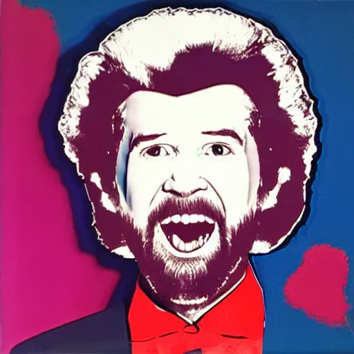 Image similar to bob ross screaming at andy warhol