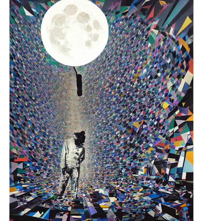 Image similar to decollage painting old white - headed man under the huge moon on a street of ruined city by adrian ghenie and takato yamamoto and edward hopper and mark ryden and tsutomu nihei, part by bridget riley, acrylic pour and splashing paint, very coherent, baroque elements, perfect anatomy, intricate design. pop art.