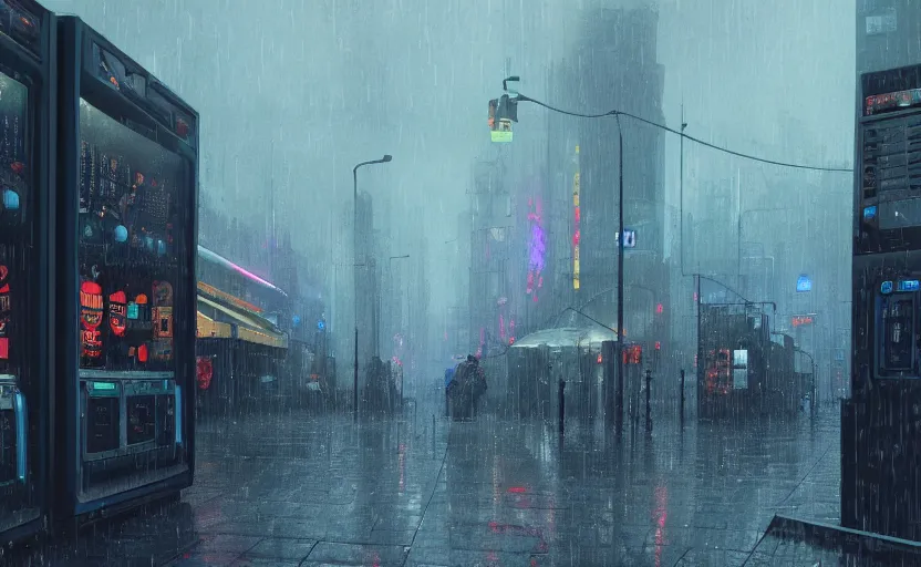 Image similar to A digital painting of a close-up view of a raining cyberpunk street, with four vending machines, some street lights and padestrians, by Ismail Inceoglu and Caspar David Friedrich, 4k, ue5, light effect, rtx on, realistic, cinematic, trending on artstation