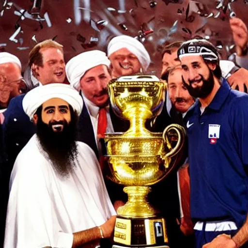 Image similar to photo of osama bin laden lifting larry o'brien trophy