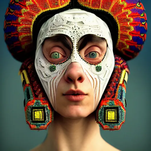 Image similar to Colour Caravaggio style full body portrait Photography of Highly detailed beautiful Woman wearing detailed Ukrainian embroidery folk costume designed by Taras Shevchenko with 1000 years perfect face wearing highly detailed retrofuturistic VR headset designed by Josan Gonzalez. Many details In style of Josan Gonzalez and Mike Winkelmann and andgreg rutkowski and alphonse muchaand and Caspar David Friedrich and Stephen Hickman and James Gurney and Hiromasa Ogura. Rendered in Blender and Octane Render volumetric natural light