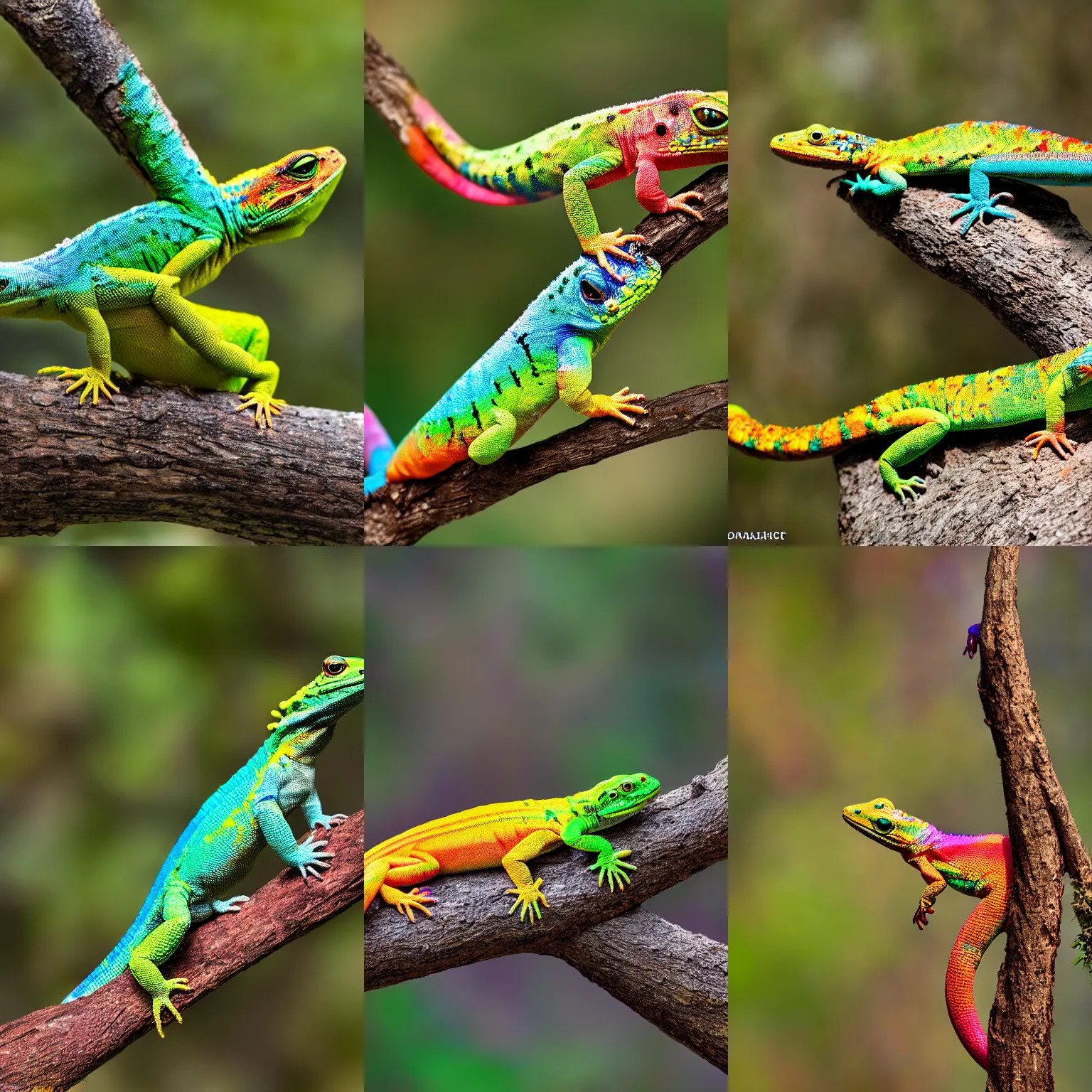 Prompt: a cute, colorful psychedelic lizard on a branch, nature photography, National Geographic, 200mm, f2.8, 4k, high quality