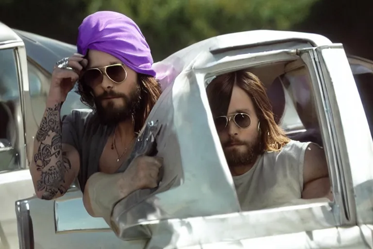 Image similar to medium full shot of jared leto as a white gang member wearing a purple head covering made from a polyester or nylon material and a white tank top inside a car doing a drive - by shooting in the new movie directed by ice cube, movie still frame, arms covered in gang tattoo, promotional image, critically condemned, top 1 5 worst movie ever imdb list, public condemned, relentlessly detailed