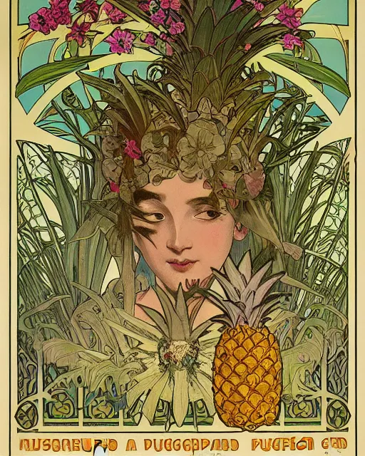 Prompt: Poster of an ancient skull with pineapple leaves growing out of the top art surrounded by varities of flowers and butterflys, cell shading, by Alphonse Mucha, Moebius, hiroshi yoshida, Art Nouveau, colorful, ultradetailed, vivid colour, 3d