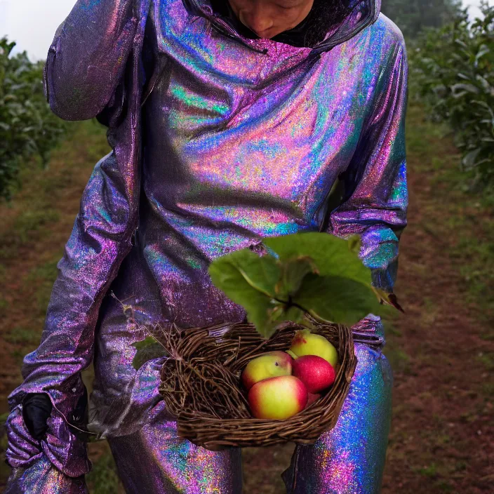 Prompt: a closeup portrait of a woman wearing a muddy iridescent holographic spacesuit, picking apples from a tree in an orchard, foggy, moody, photograph, by vincent desiderio, canon eos c 3 0 0, ƒ 1. 8, 3 5 mm, 8 k, medium - format print