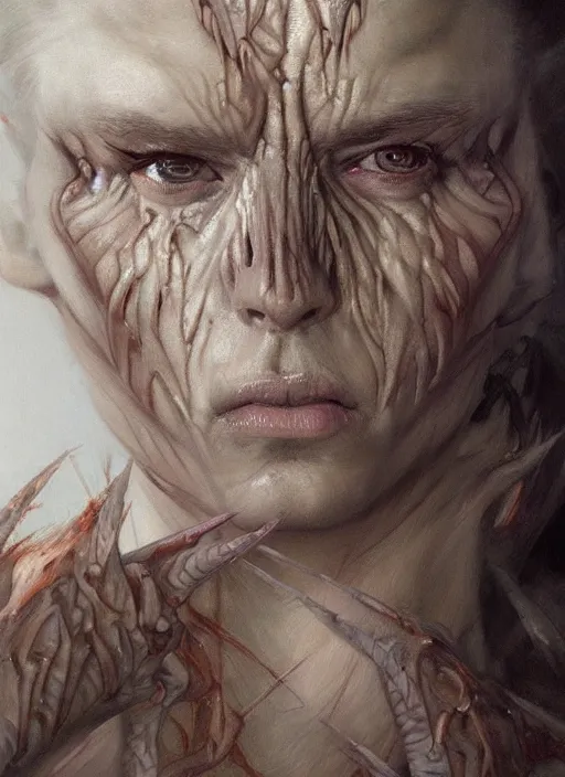 Image similar to half demon half human intricate skin pattern texture, elegant, peaceful, full body, white horns, hyper realistic, extremely detailed, dnd character art portrait, fantasy art, intricate fantasy painting, dramatic lighting, vivid colors, deviant art, artstation, by edgar maxence and caravaggio and michael whelan and delacroix.