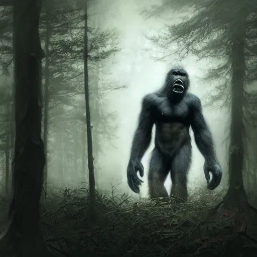 Image similar to Dark fantasy Painting of a huge bigfoot gorilla creature lurking in the misty forest, gloomy, full body, disgusting, creepy, unsettling, horror, intricate, wild, highly detailed, digital painting, artstation, concept art, smooth, sharp focus, illustration, art by artgerm and greg rutkowski and alphonse mucha