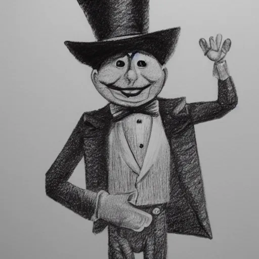 Image similar to a 2 d pencil sketch of a smiling marionette puppet wearing a top hat, highly detailed