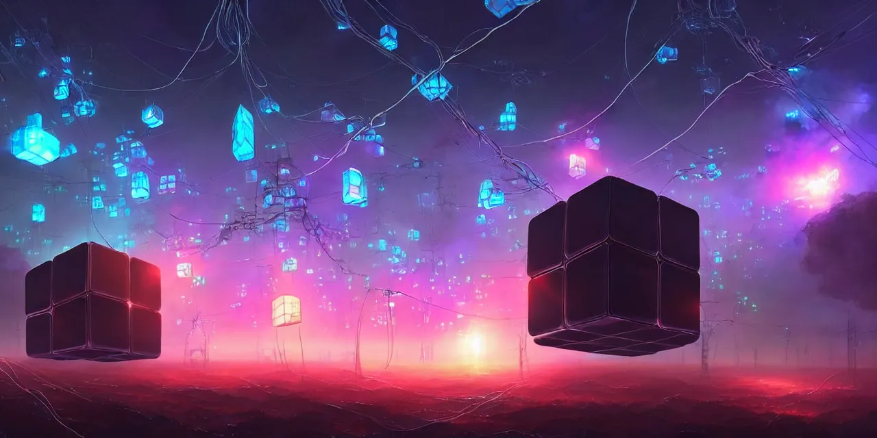 Prompt: a fleet of giant glowing futuristic cubes tied to each other with lots of wires in the sky, thick messy glowing wires, light rays bouncing between cubes, a fantasy magical landscape seen in the distance, atmospheric lighting, intricate, volumetric lighting, beautiful, sharp focus, ultra detailed, in the art style of marc simonetti, bowater charlie and brom gerald, astrophotography