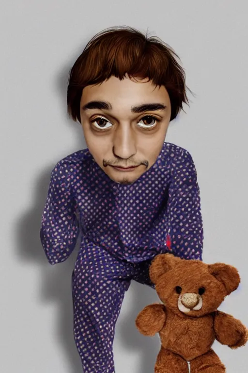 Image similar to frank dillane wearing pajamas with feet and holding a teddy bear, sleepy, adorable, cute, intricate, detailed, trending on artstation, coherent