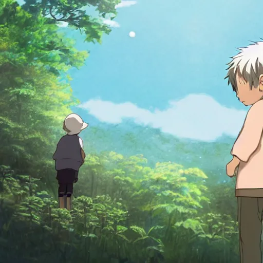 Image similar to friendly guy and small creature , with Fragile looking character portrait face made by Studio Ghibli highly detailed art, beautiful scene, sharp focus, smooth, 8k, anime art, wild, dark