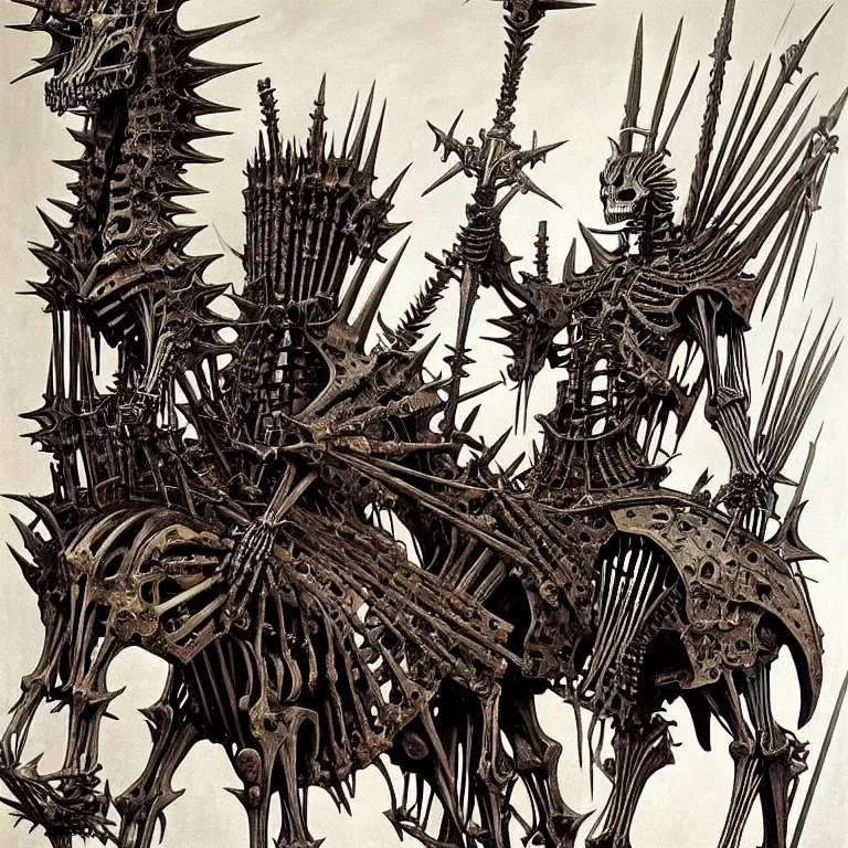 Prompt: Very vibrant art. A spiked detailed horse skeleton with armored joints stands in a large cavernous throne room with halberd in hand. Massive shoulderplates. Extremely high details, realistic, fantasy art, solo, masterpiece, bones, ripped flesh, art by Zdzisław Beksiński, Arthur Rackham, Dariusz Zawadzki, Harry Clarke