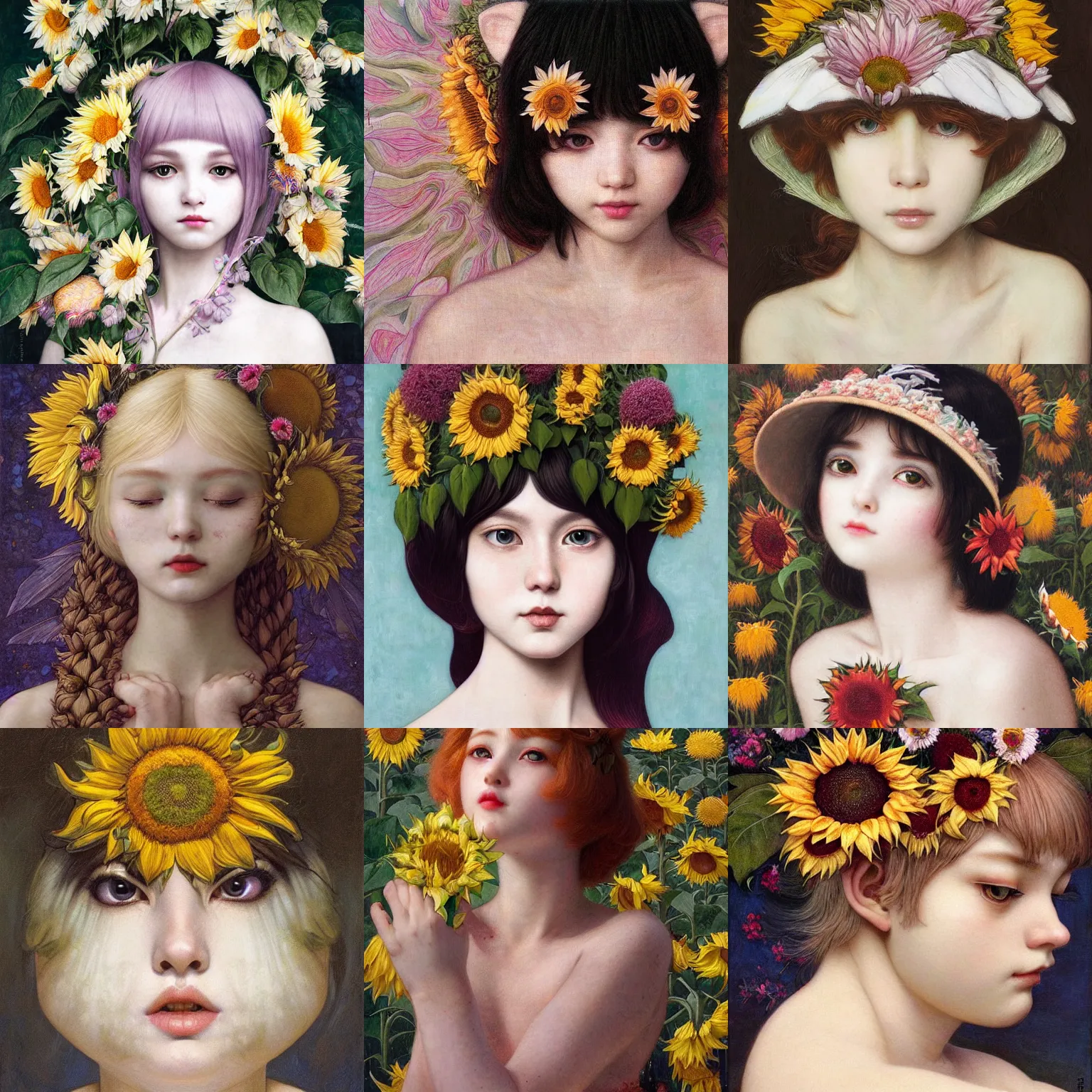 Image similar to white cat girl, botanical, sunflower, portrait face, colorful, frantisek kupka, intricate, miles johnston, kuroda seiki, cynical realism, ozabu, john william godward, painterly, yoshitaka amano, moebius, miles johnston, louise zhang, james jean, mark ryden lowbrow pop surrealism art style