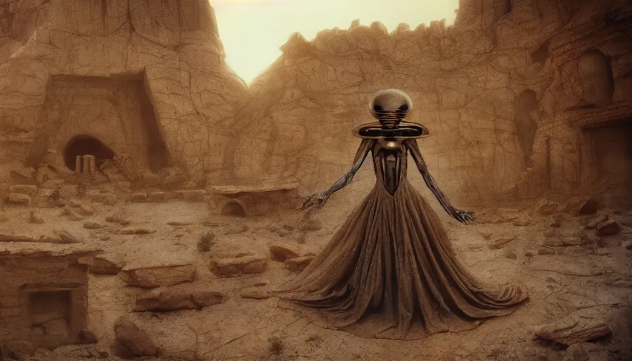 Prompt: levitating bene gesserit with full - face golden mask in a dry rocky desert landscape, alien city ruins designed by giger, giant abandoned alien city by alejandro jodorowsky, anamorphic lens, kodakchrome, practical effects, masterpiece, 8 k