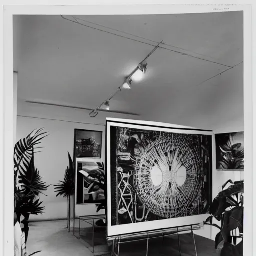 Prompt: A black and white photography of an exhibition space with works of Sun Ra, Marcel Duchamp and tropical plants, 60s, offset lithography print, newspaper, distant shot