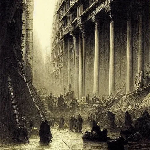 Prompt: new york city being rebuilt as mesopotamian architecture. dark, atmospheric, stormy weather, gustave dore, italy 1 8 1 6