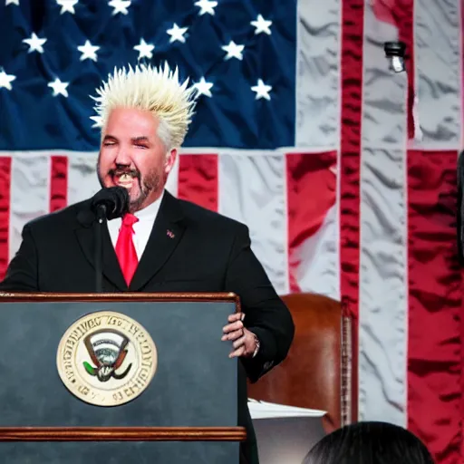 Prompt: President Guy Fieri giving State of the Union Address, symmetrical face!!, cinematic lighting, award winning photo, press photo, kodak 2383 film