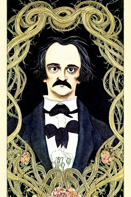 Prompt: realistic portrait of edgar allen poe in the center of an ornate floral frame, detailed art by kay nielsen and walter crane, illustration style, watercolor