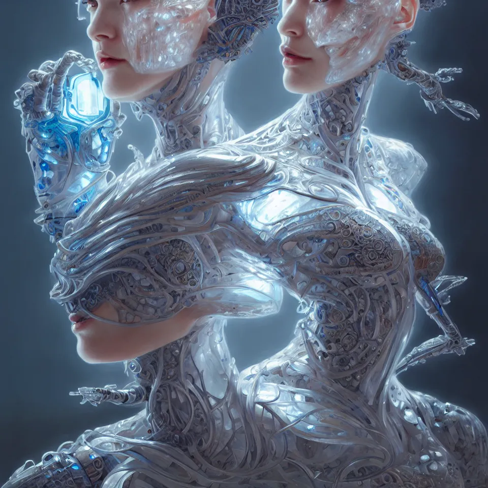 Prompt: organic cyborg, Chinese ice carving, diffuse lighting, fantasy, intricate, elegant, highly detailed, lifelike, photorealistic, digital painting, artstation, illustration, concept art, smooth, sharp focus, art by John Collier and Albert Aublet and Krenz Cushart and Artem Demura and Mucha and James Jean