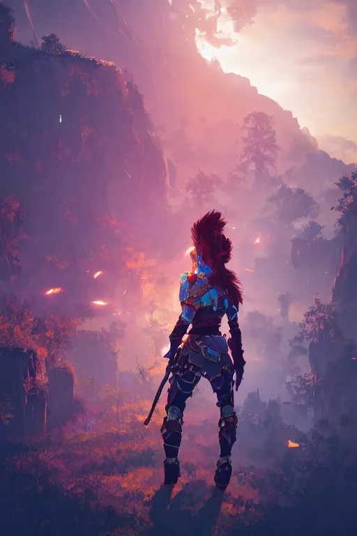 Image similar to combination suit armor aloy horizon forbidden west horizon zero dawn radiating a glowing aura global illumination ray tracing hdr fanart arstation by ian pesty and alena aenami artworks in 4 k tribal robot ninja mask helmet backpack