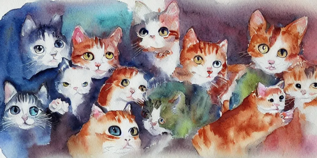 Image similar to watercolor illustration style, cute! cats!!! play with different things