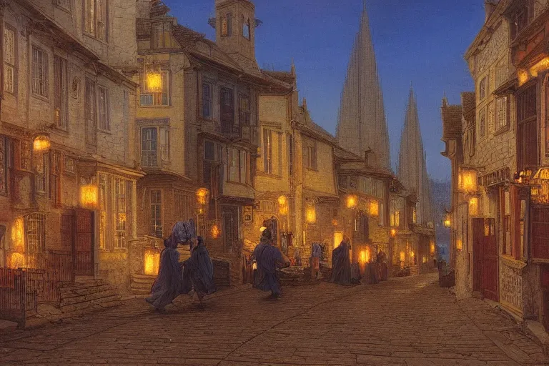 Image similar to winding street at twilight in a very old very beautiful city by George Price Boyce and Donato Giancola and William Dyce, glowing paper lanterns, strong dramatic cinematic lighting , ornate tiled architecture, lost civilizations, smooth, sharp focus, extremely detailed