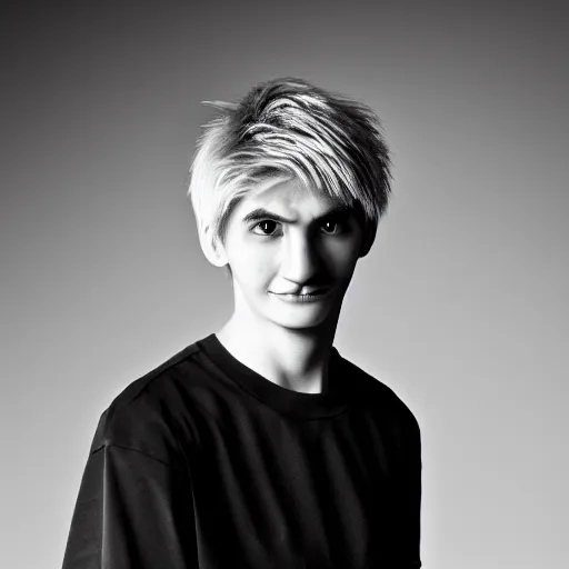 Image similar to portrait of down syndrome xqc, sharp focus, 4 k editorial photograph, soft lighting, black background